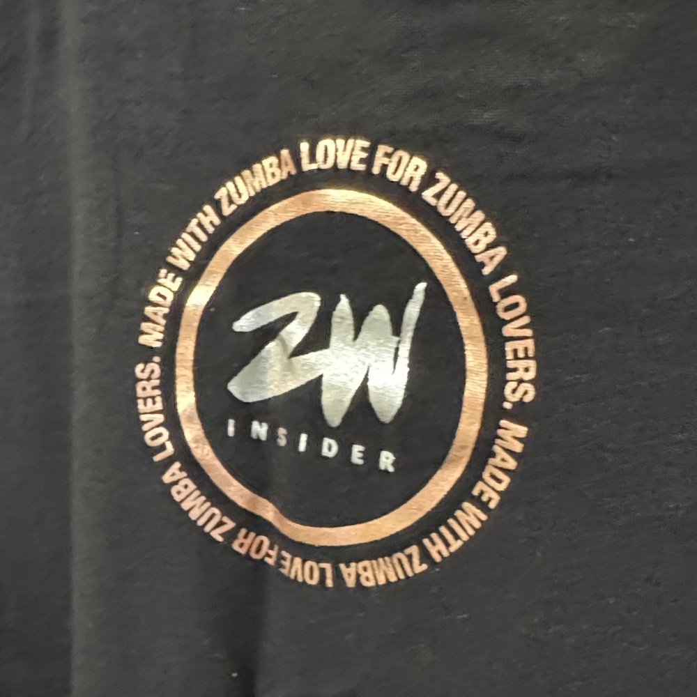 Zumba Fitness Black Tee with Metallic Rose Gold Heart and White Graphics EUC M-L - Picture 8 of 8
